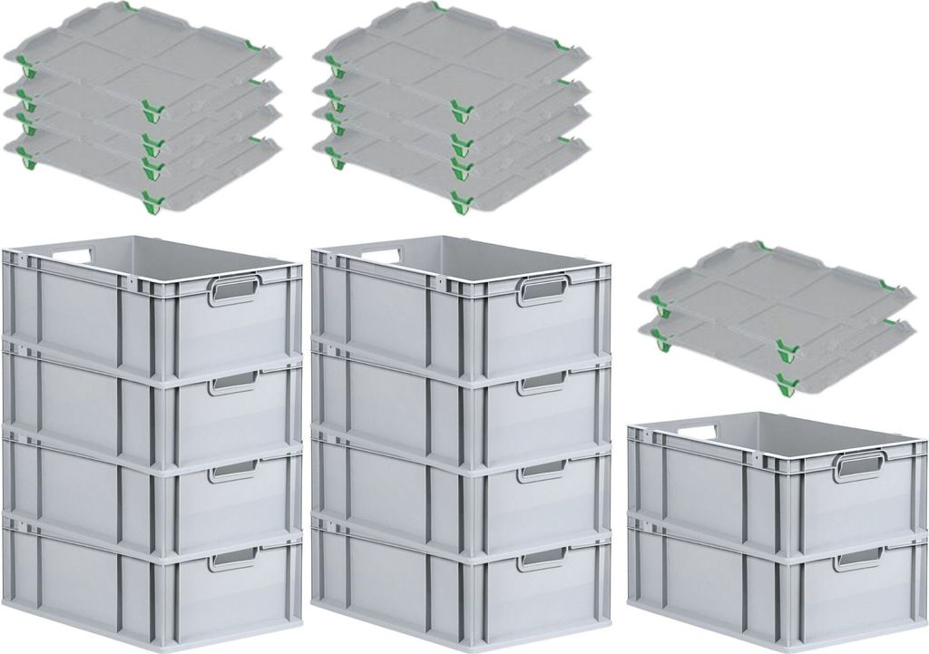 SparSet 10x Eurobox NextGen Grip mit Auflagedeckel inkl. 4 grünen Schiebeschnappverschlüssen | HxBxT 22x40x60cm | 44 Liter | Griffe offen | Verst...