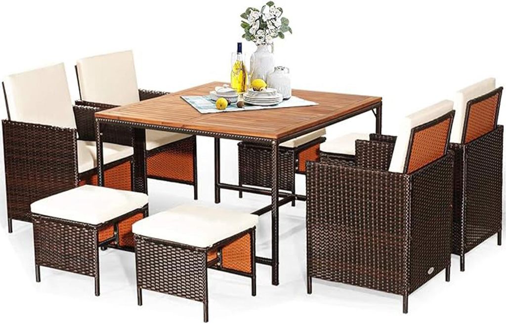 Gartenmöbel Set 8 Stühle mit Tisch, 9er Set Rattan Lounge Möbel Outdoor, Balkonmöbel Set mit Balkontisch, 4 Stühle & 4 Hocker zusammenschiebbar