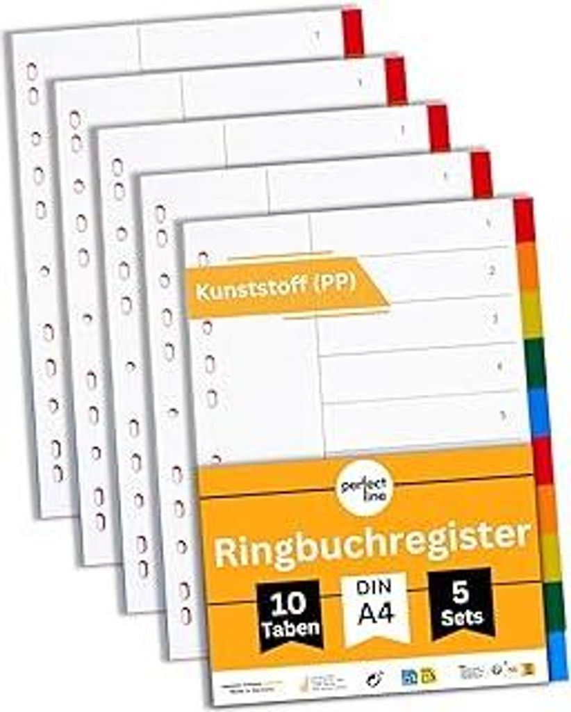 perfect line - Ordner-Register DIN-A4 aus Kunststoff (PP), 10 Taben (10-teilig), 5er Set, Trennblätter für Akten-Ordner, recycelbar, Germany