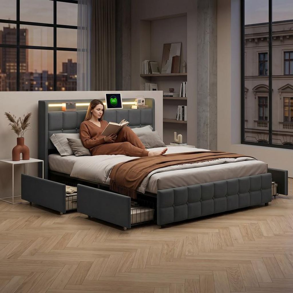 ProximaX Polsterbett 160x200cm, Leinenstoff Bett mit 4 Schubladen, RGB-LED-Beleuchtung, USB-Ladestation, Kopfteil mit Stauraum, Lattenrost, Grau