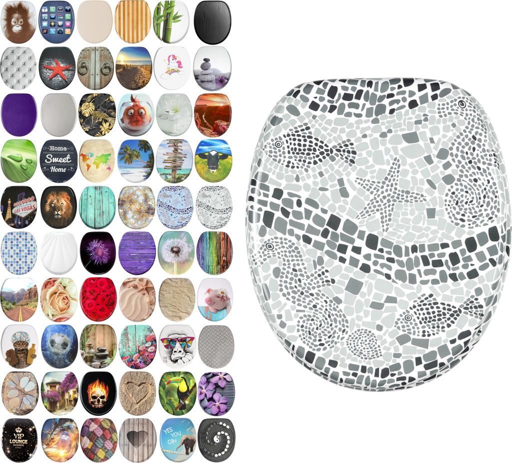 SANILO WC-Sitz mit Absenkautomatik Mosaic World Grey, Toilettendeckel direkt vom Hersteller, Klodeckel, Klobrille, WC Deckel, Toilettensitz