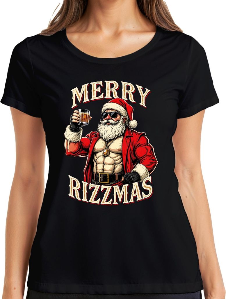 MERRY RIZZMAS Weihnachtsmann Whisky Muskel Fitness Lustig Retro Damen T-Shirt, Schwarz, S