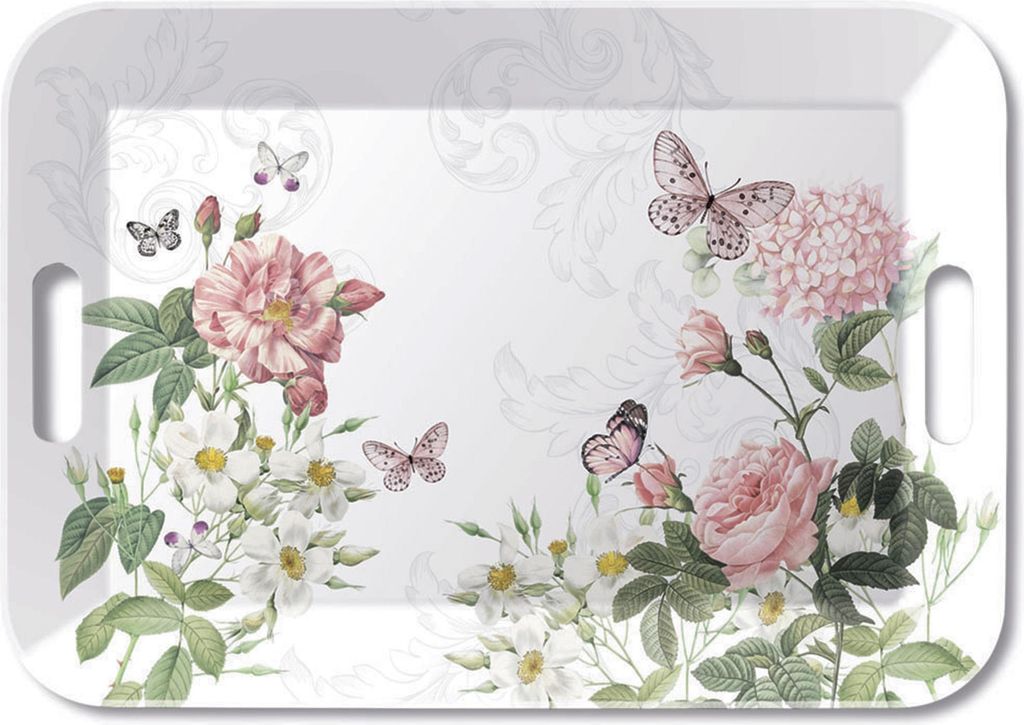 Tablett Melamin 47x33cm mit Rosen & Schmetterling Motiv Produktbild 