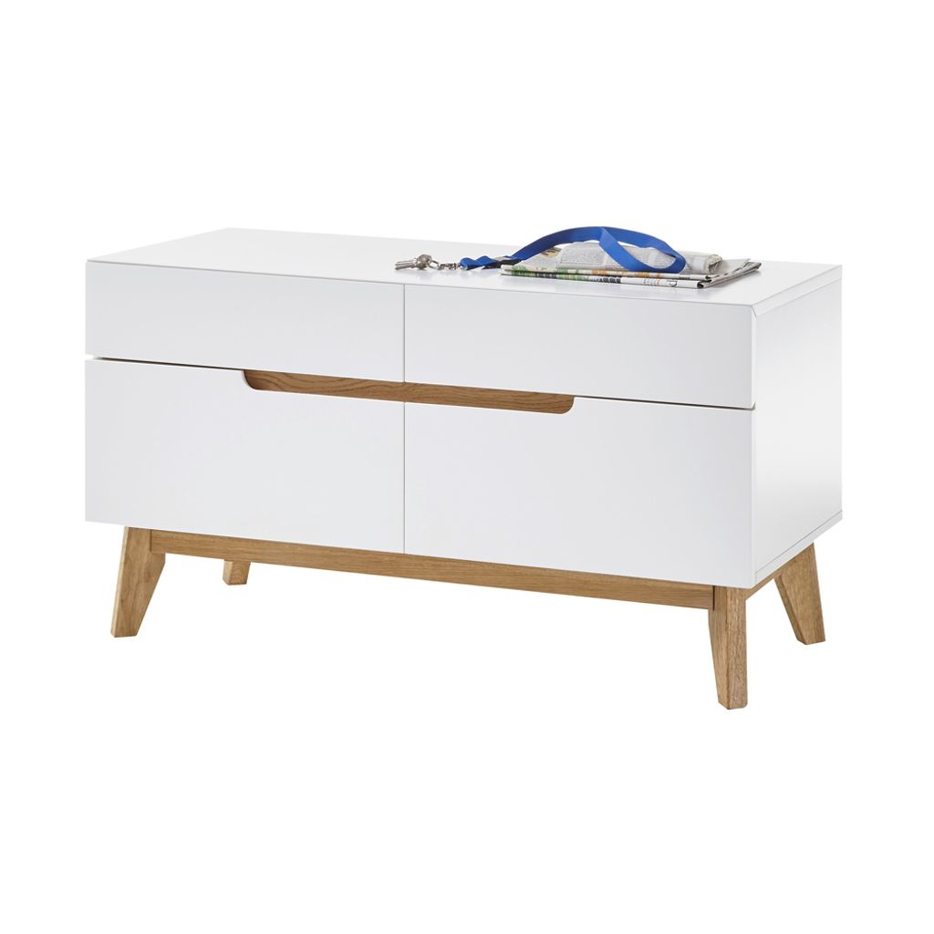 Garderobenbank CERVERA-05 in weiß matt lackiert mit furniertem Massivholz in Asteiche geölt, B/H/T: ca. 97/53/40 cm