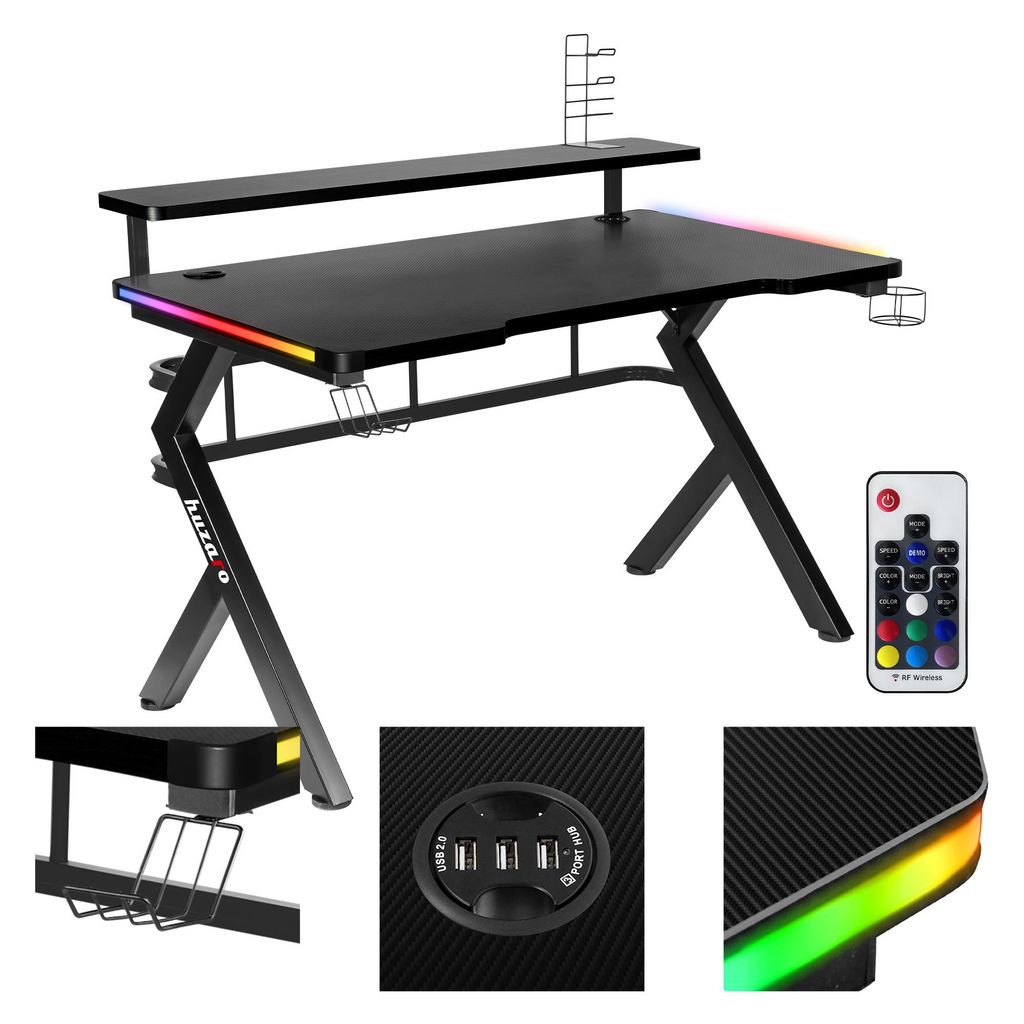 huzaro Hero 5.0 | RGB LED Gaming Schreibtisch Computertisch Bürotisch | Arbeitszimmer Gamer | Monitorständer Carbon Tischplatte | 120 x 60 | Schwarz