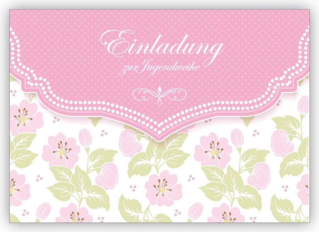 Schöne Einladungskarte mit zartem Blüten Muster in rosa für Mädchen: Einladung zur Jugendweihe