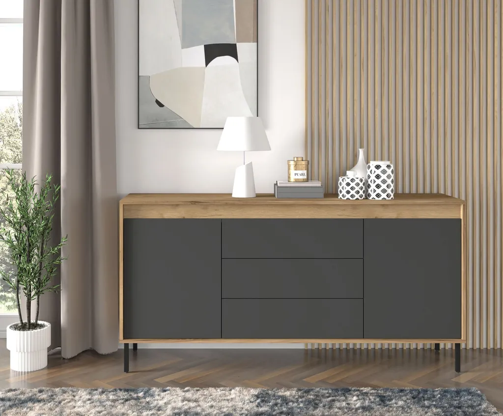 Commode Nesta 2D3S 166 cm Craft Gold et Basalt - Buffet avec 3 Tiroirs