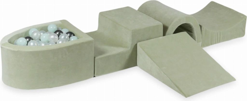 Schaumstoffspielplatz mit Brücke und Pool Micro Velvet Soft Light Mint + 100 Bälle: Perle, Hellmint, Metallic-Graphit