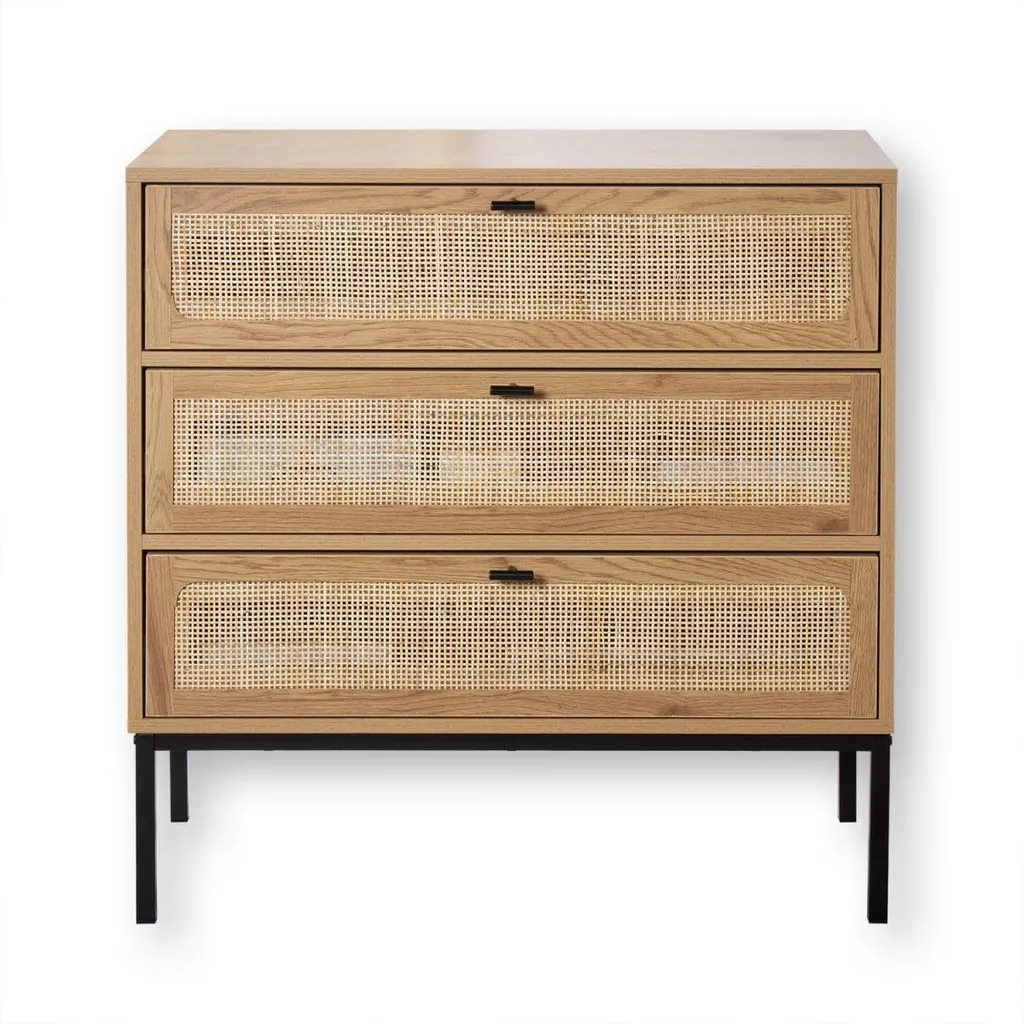Rangement Chambre : Commode JAYA 3 Tiroirs avec Rotin L80 x P39 cm