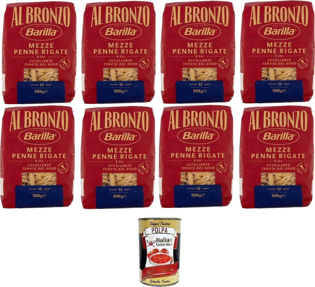 Barilla Al Bronzo Pasta Mezze Penne Rigate Bronze Gezogene Pasta Rohe Verarbeitungsmethode 8x 500gr + Italian Gourmet polpa 400g