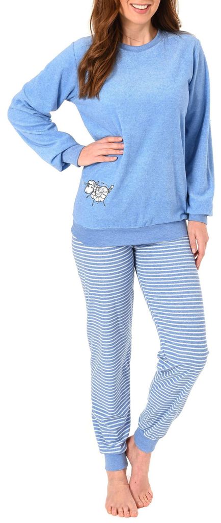 Damen Frottee Pyjama Schlafanzug mit Bündchen und süsser Produktbild 