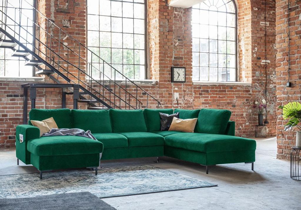 MIUFORM Lofty Lilly - Ecksofa mit Bettfunktion und Bettkasten U-FORM RECHTS - 303 x 197 cm - Velours Flaschengrün - Sofa Schlafsofa Couch