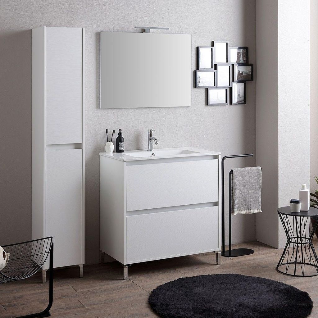 Badezimmermöbel 60cm weiß mit weißer Eichenfront, Waschbecken und Spiegel 60x80 | Laguna
