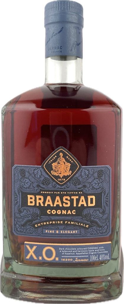 A bottle of Braastad XO Cognac on a white background.