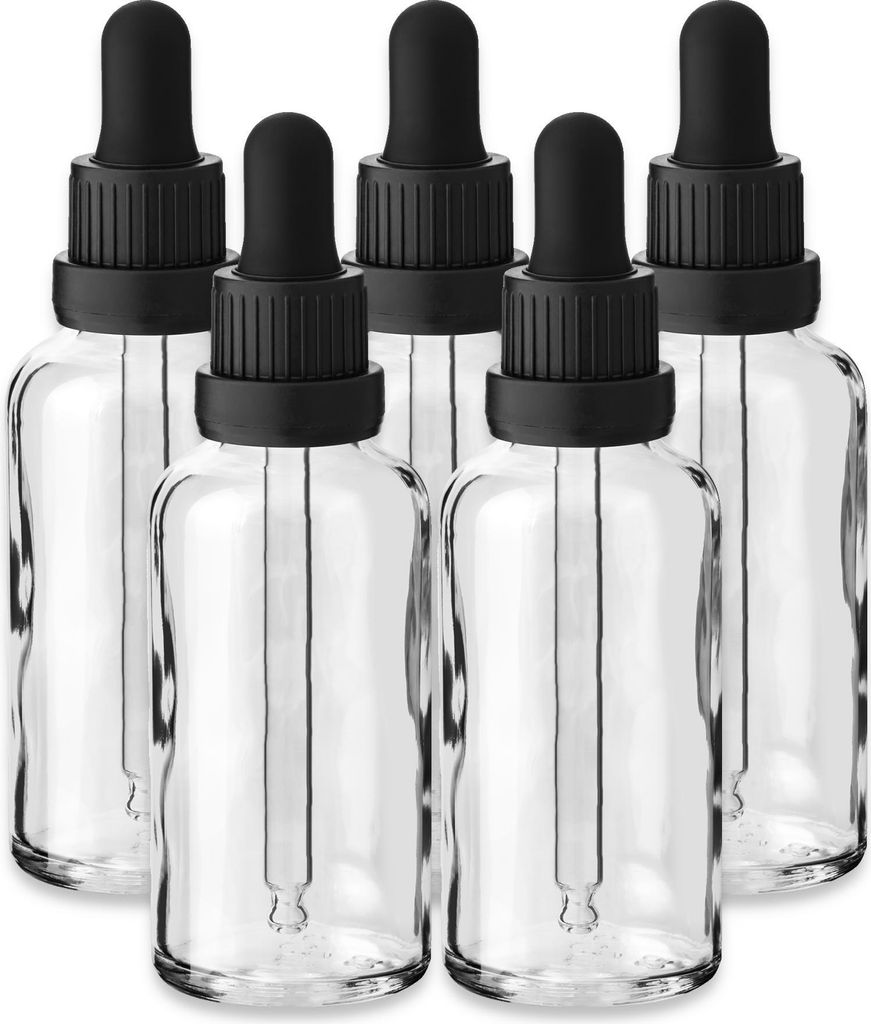 5x Glasflasche klar 50 ml mit schwarzer Tropfpipette Apothekerflaschen