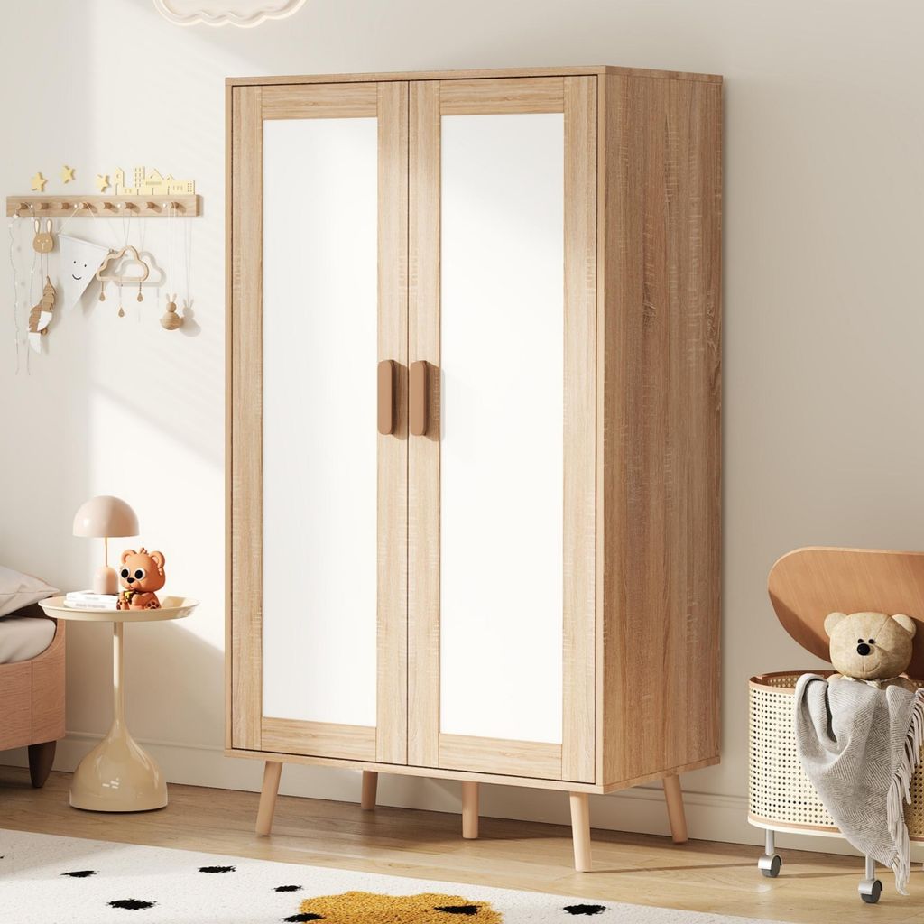 Merax Doppeltüriger Kleiderschrank, 2-türiger Schlafzimmerschrank mit Kleiderstange, Stauraum, Kinderzimmermöbel, 80 x 46 x 141,5 cm, Weiß + Natur