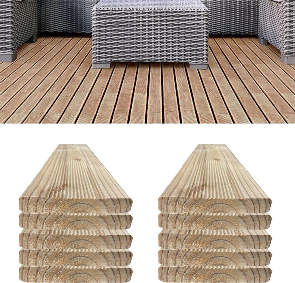 Floranica 10 Stk. Lärchenholz Bretter 110 cm Lang Zaunlatten Terrassendielen Konstruktionsholz geriffelt für Hochbeet & Sichtschutz