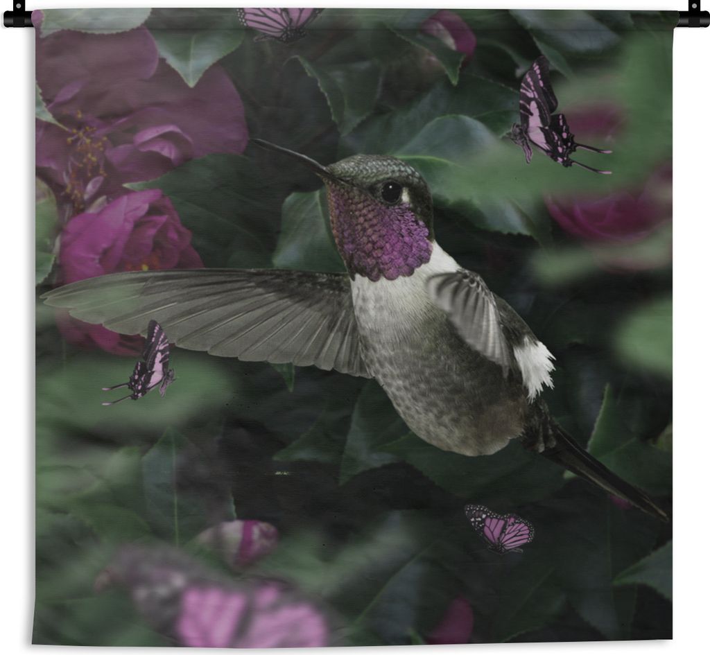 MuchoWow Wandteppich Wandbehang Kolibri - Lila - Grün 150x150 cm Tapisserie Dekoration Wandtuch - Wohnaccessoires - Modernes
