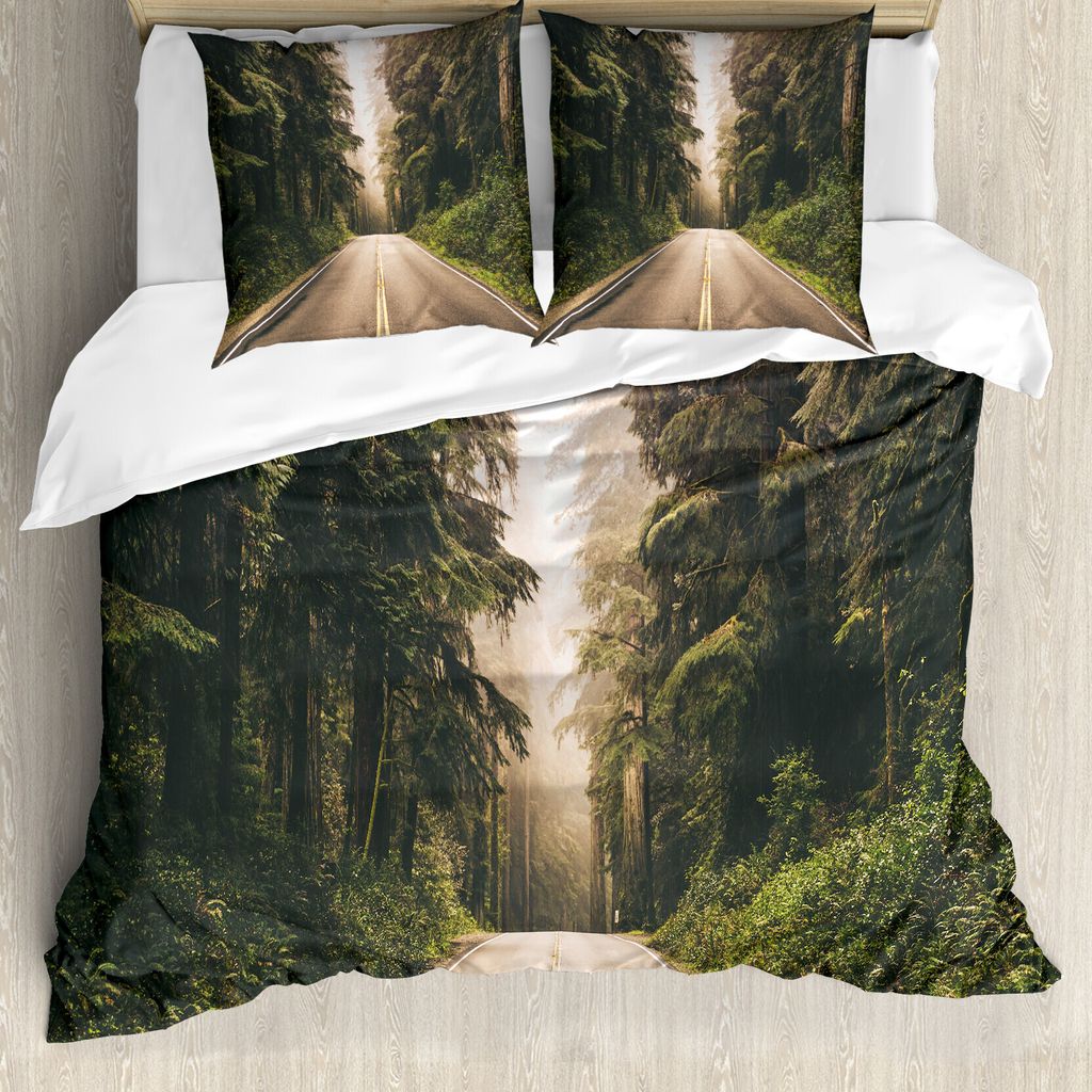 ABAKUHAUS Abenteuer Bettbezug, Kalifornien USA Roads, Milbensicher Allergiker geeignet mit Kissenbezügen, 155 cm x 220 cm - 80 x 80 cm, Forest Gre...