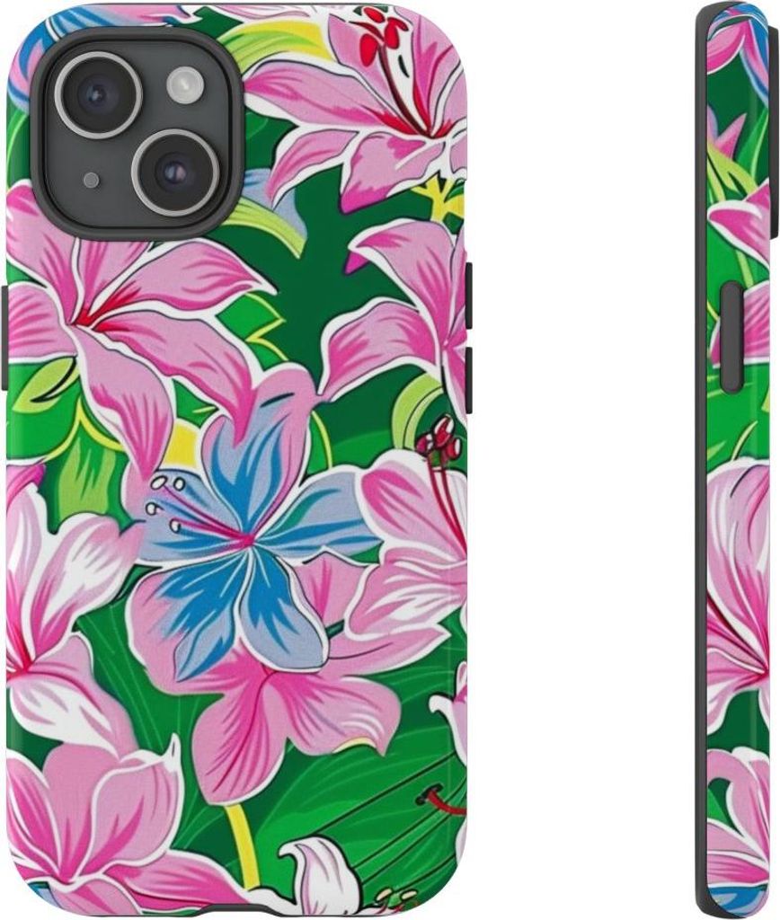Blumiges Pink-Blau-Muster – Hülle Kompatibel mit iPhone 15