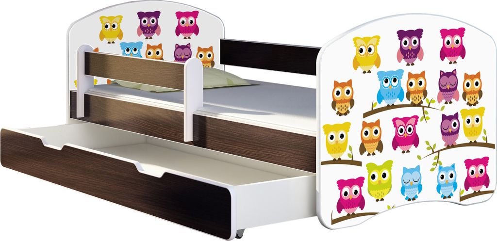 ACMA Jugendbett Kinderbett Junior-Bett Komplett-Set mit Matratze Lattenrost und Rausfallschutz Wenge 31 Eule 180x80 + Bettkasten