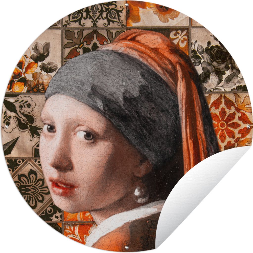 MuchoWow Gartenposter Outdoor-Poster Rund Das Mädchen mit dem Perlenohrring - Kacheln - Orange - Schwarz Ø 150 cm Gartendeko Rundes Poster drau...