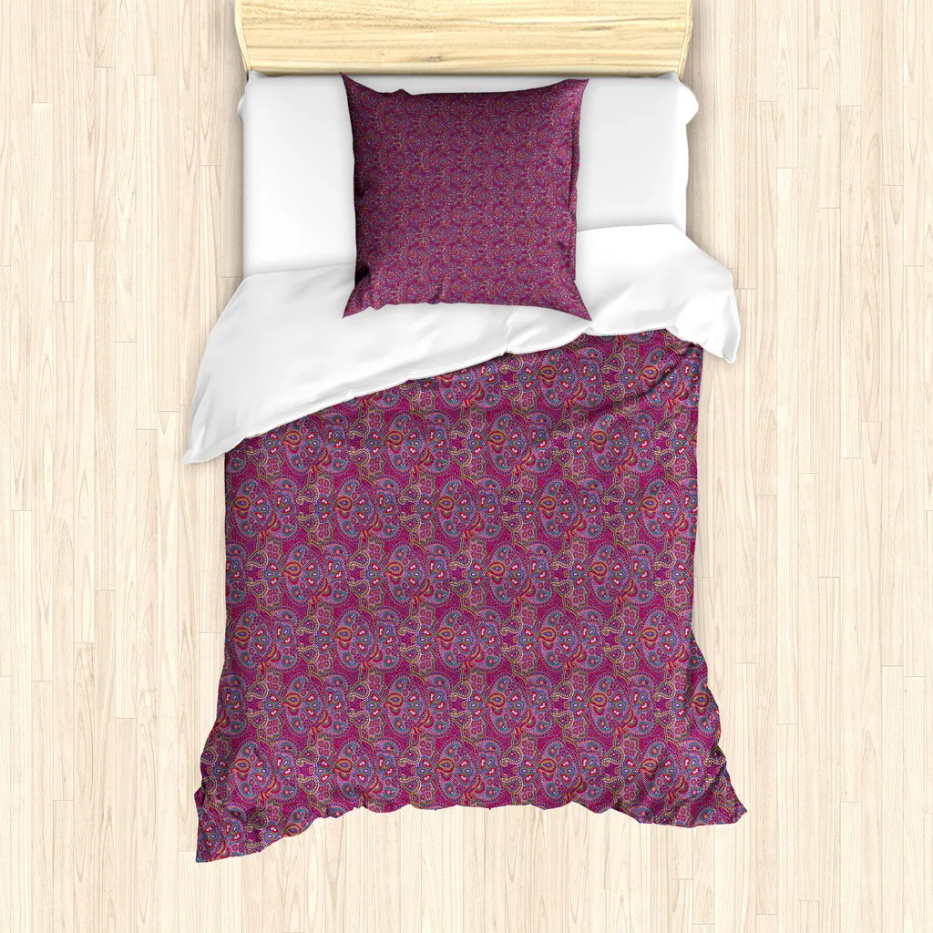 ABAKUHAUS Set copripiumino hippie viola per letti singoli, motivo paisley tradizionale, antiacaro, adatto a chi soffre di allergie, con federa, 135 cm x 200 cm - 80 x 80 cm, viola e multicolore