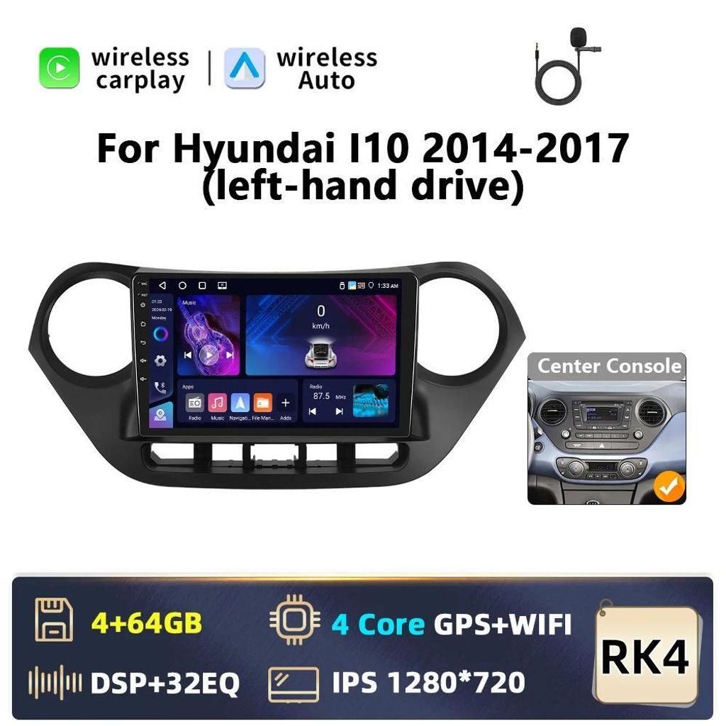 Hyundai i10 2014–2017 - Android 2-DIN Autoradio RK4 - 22,9 cm Touchscreen - CarPlay/Android Auto - 6+128 GB - GPS WLAN - DSP BT RDS/UKW - Weiß