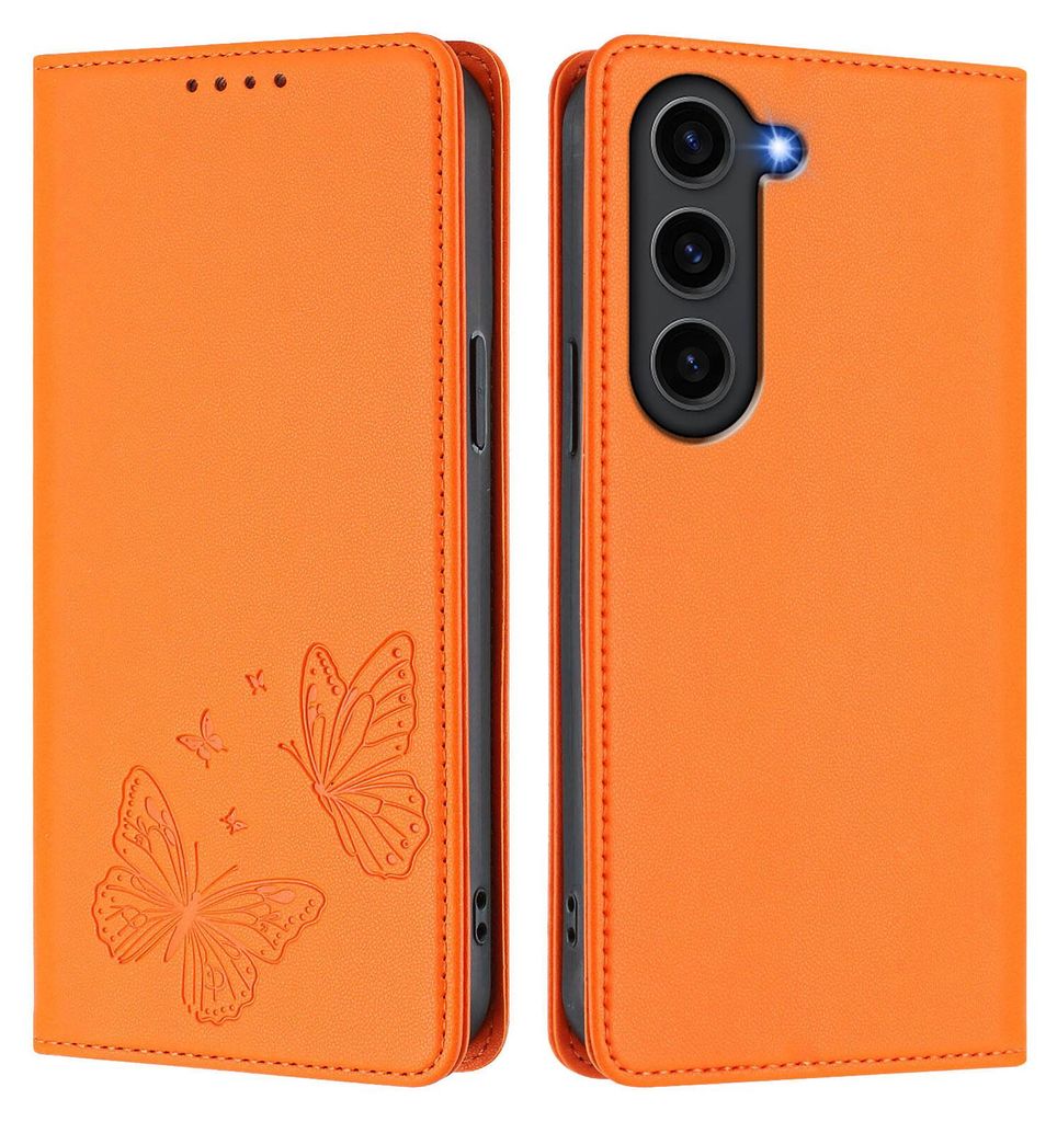 Lederhülle für Samsung Galaxy S23, Schmetterling Prägung Leder Brieftasche Schutzhülle mit Ständer Orange