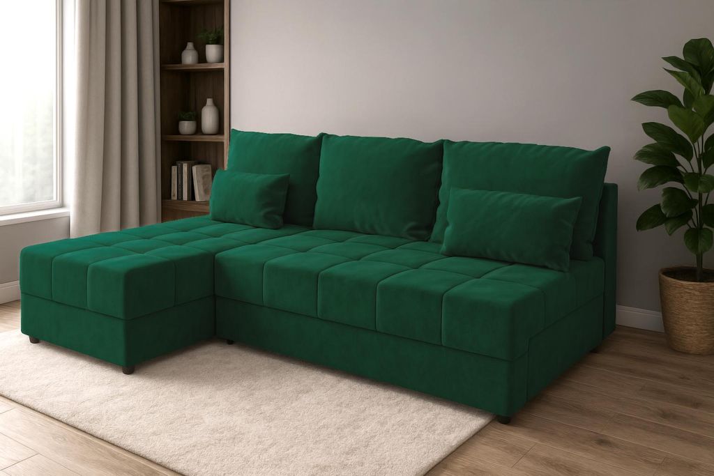 Ecksofa DOMINO L FIT mit Schlaffunktion, Bettkasten, L-Form Sofa Flaschengrün, 206 cm, universal montierbar