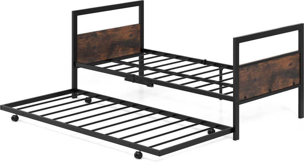 A metal bed frame with a pull-out trundle bed, both featuring wooden headboards.