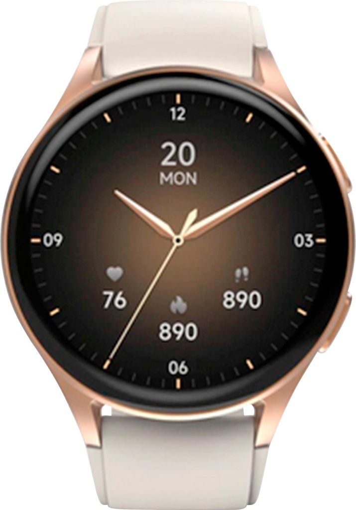 A close-up of a smartwatch with a rose gold casing and a white strap, displaying the time and health metrics on its screen.
