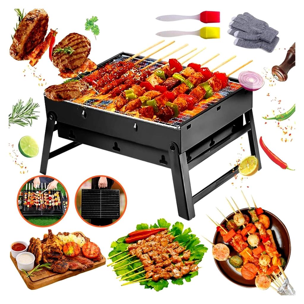 Klappgrill, Holzkohlegrill Klein, BBQ Barbecue Grill, Outdoor Picknick Campinggrill 45cm x 30cm x 23cm Tragbarer Grill für Picknick, Garten, Terra...