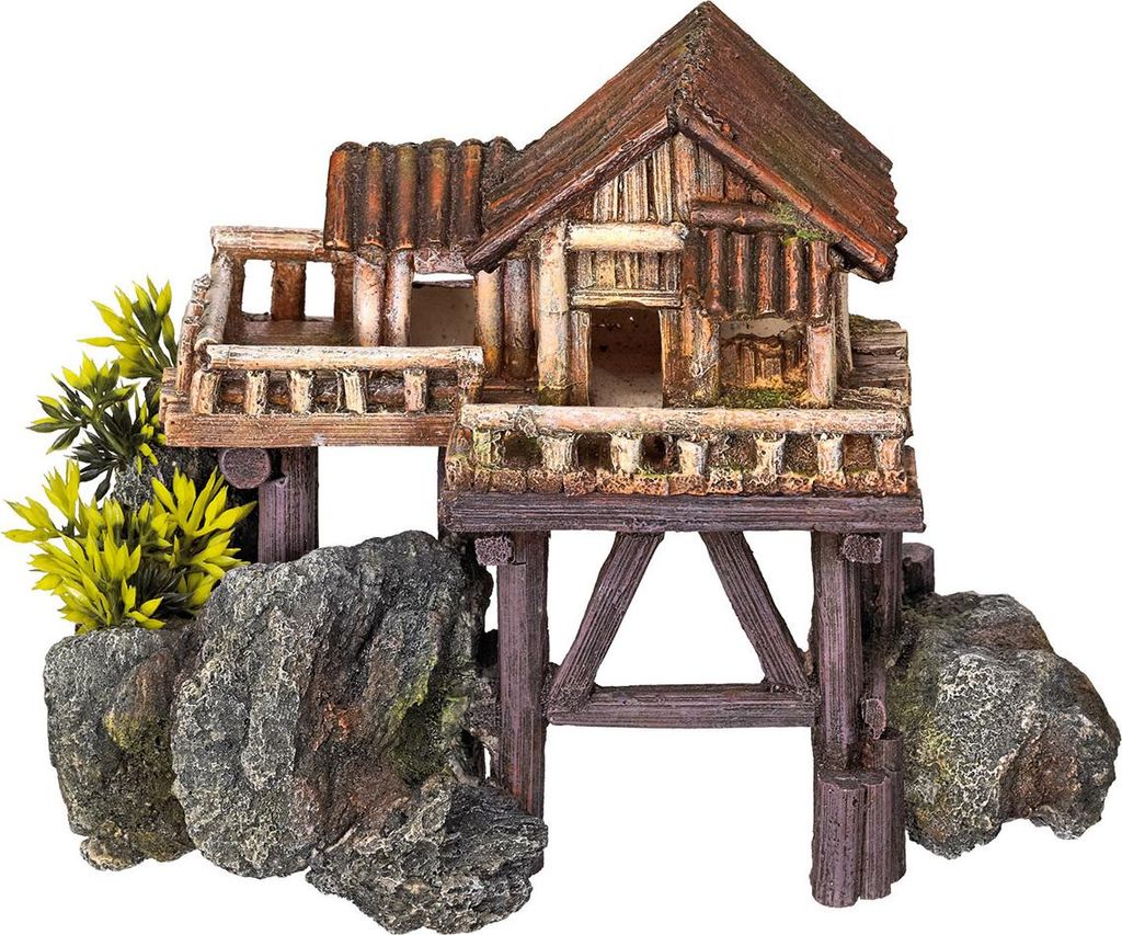 Aqua Ornaments "HOLZHAUS" mit Pflanzen 23 x 12,3 x 17 cm