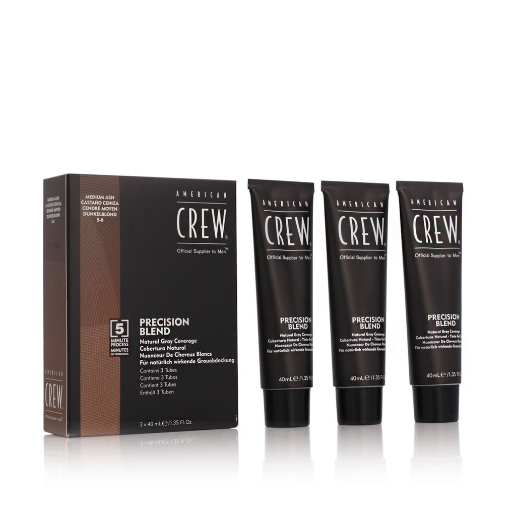 A box and three tubes of American Crew Precision Blend hair color for men are displayed against a white background.