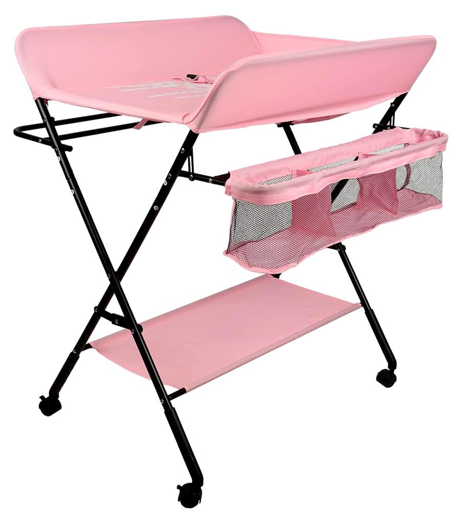 Wickeltisch für Babys, Multifunktionale Wickelkommode, Mobiler Wickeltisch mit Ablagefächern und Sicherheitsgurt (Rosa, 80 * 66 * 98 cm)