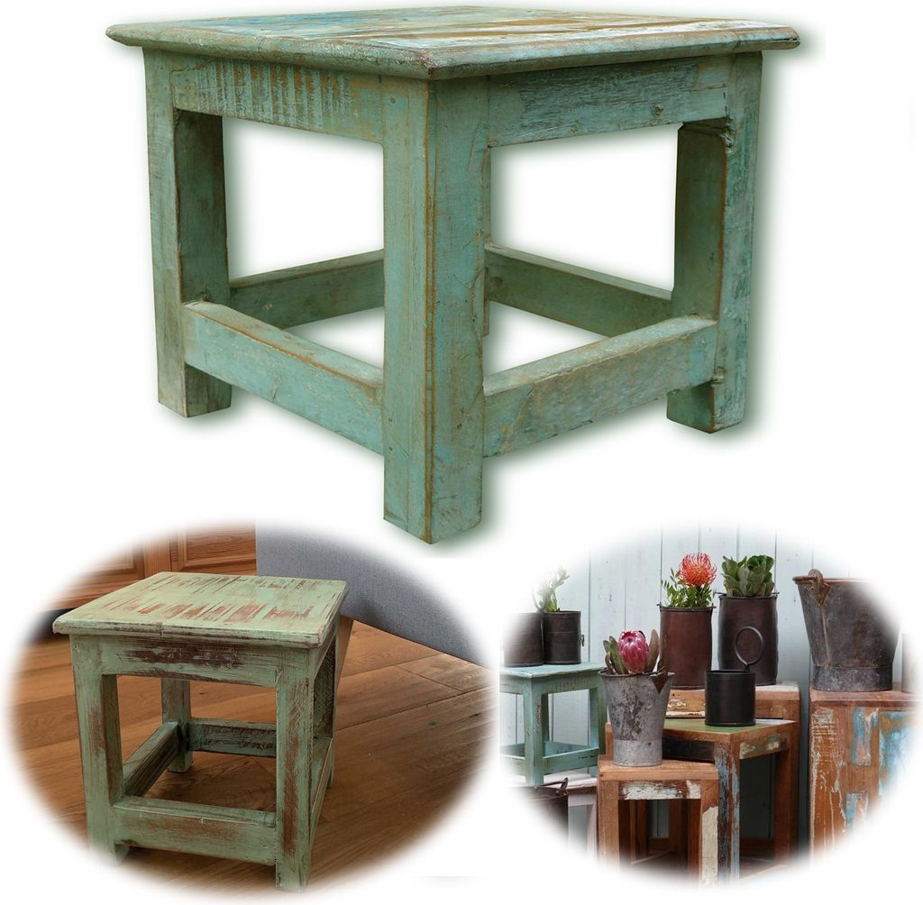 LS-LebenStil Vintage Holz Fußhocker Tritthocker Türkis 26cm Produktbild 