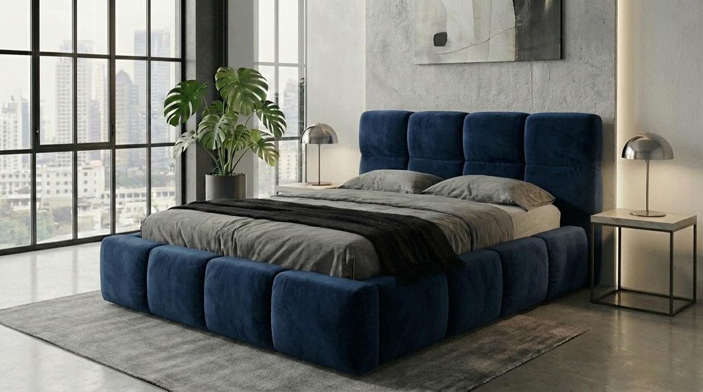 Polsterbett VELUNO 140 x 200 cmmit Matratze und Bettkasten. Farbe: Blau Matratzenhärte: H3 - Mittelhart