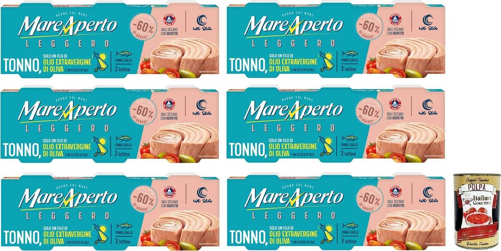 6x Mare Aperto Tonno Leggero,Thunfisch, nur mit einem Schuss nativem Olivenöl extra und einer Prise Salz (3 x 60g Dose) + Italian Gourmet Polpa di...