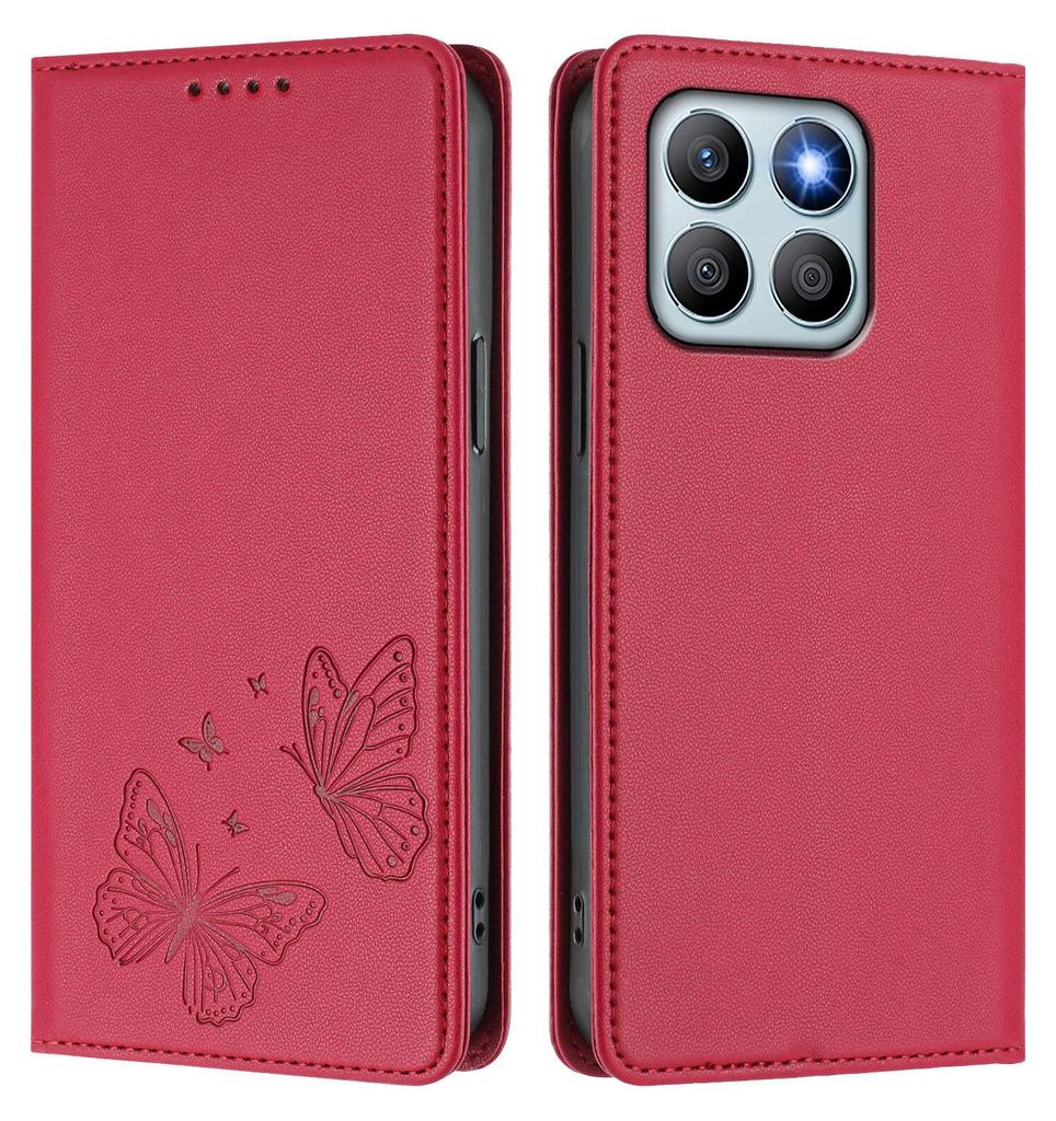 Lederhülle für Honor X8B, Schmetterling Prägung Leder Brieftasche Schutzhülle mit Ständer Rot