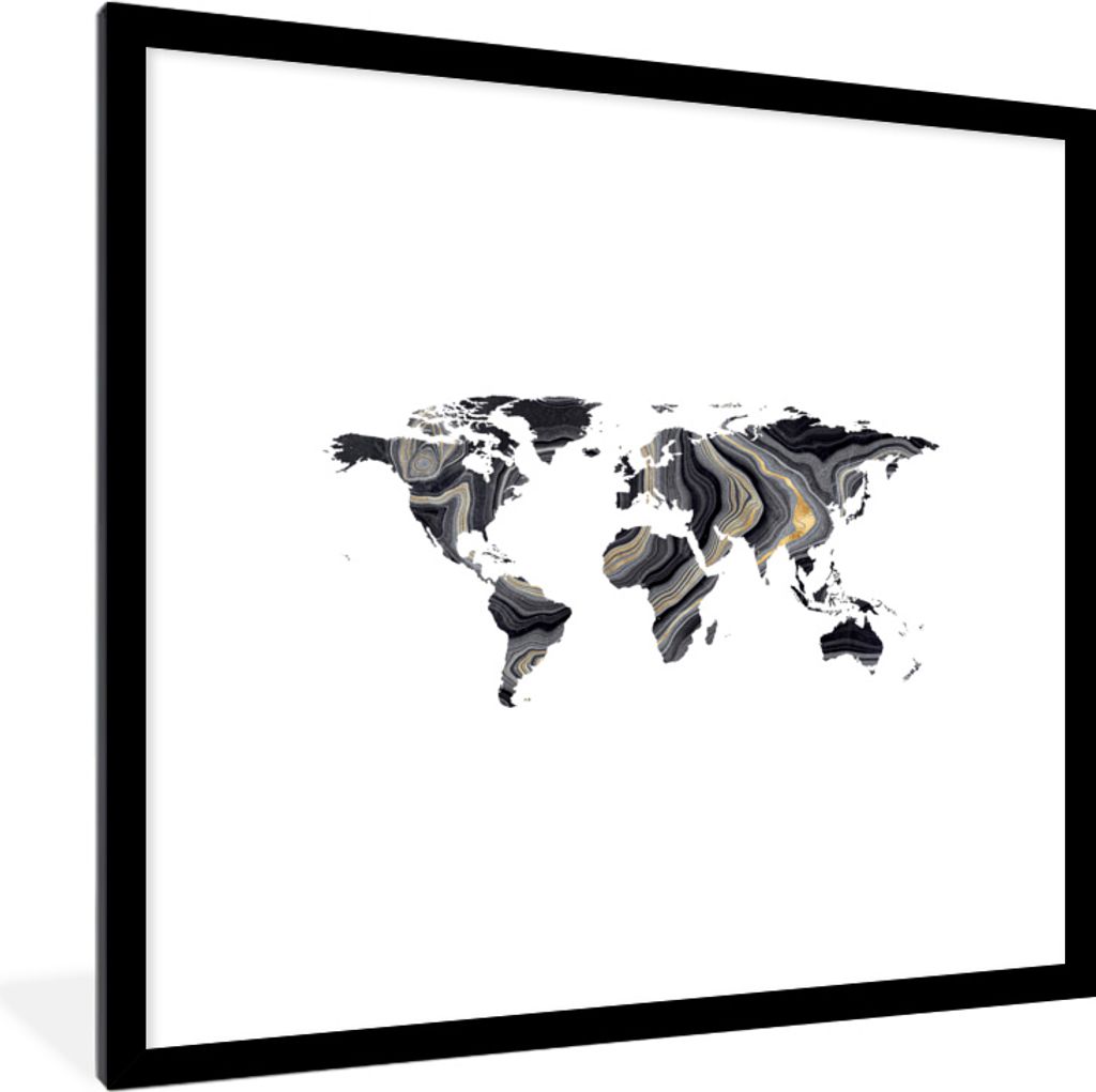 MuchoWow MuchoWow Gerahmtes Poster Weltkarte - Gold - Schwarz und weiß 40x40 cm - Poster mit zchwarzem Bilderrahmen - Poster - Plakat im Rahmen