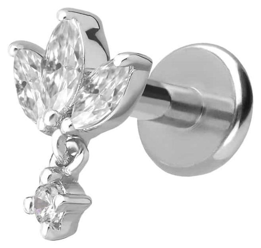 Ohrpiercing, Nasenpiercing Titan Labret mit Innengewinde + 925er Silber Aufsatz MOISSANIT-LOTUSBLÜTE WeißGold Stablänge: 5mm | Stabstärke: 1,2mm