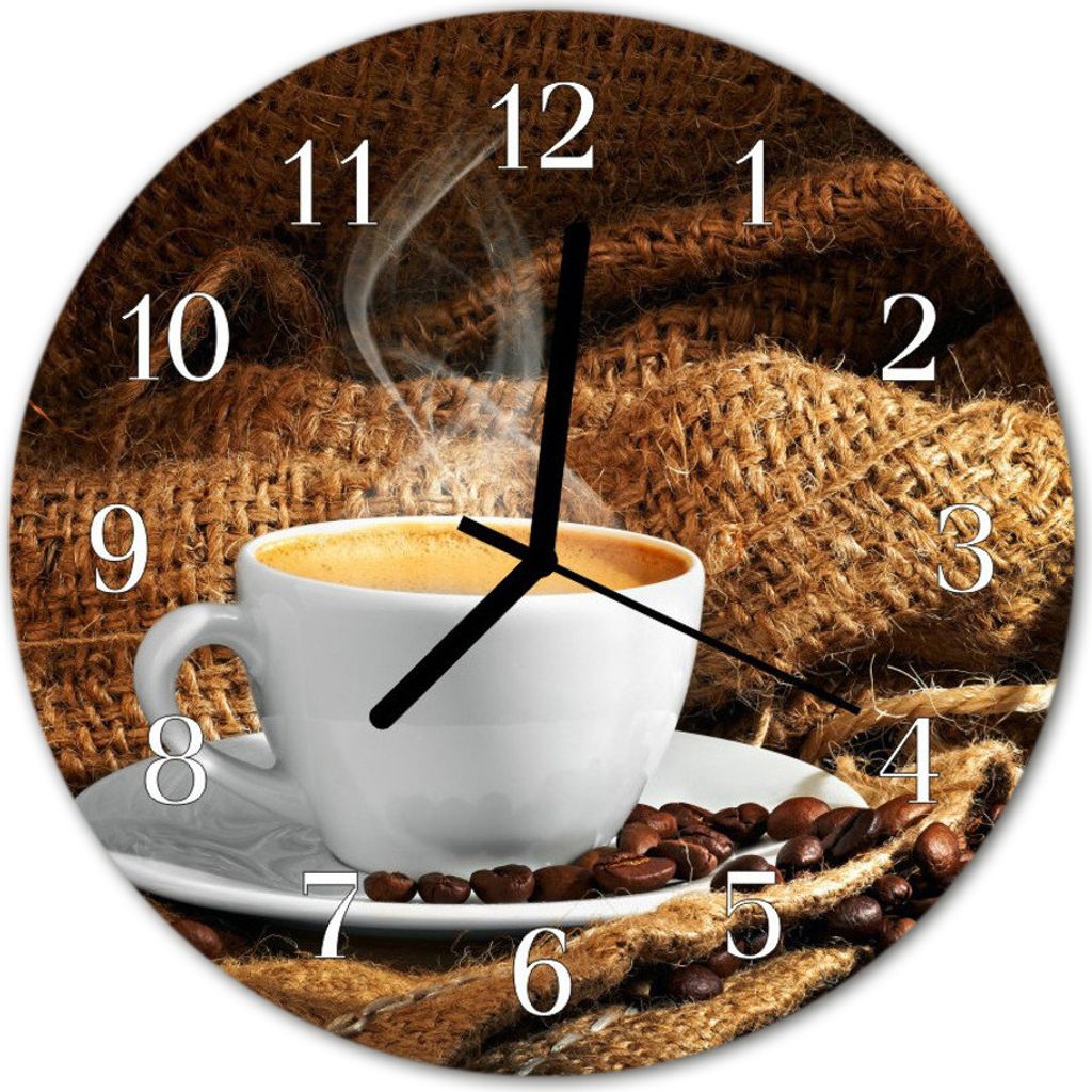 Glasuhr Wanduhr Küchenuhr Echt-Glas 30fi cm Kaffeebohnen braun