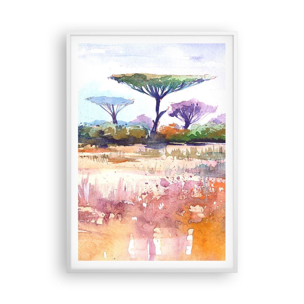 Gerahmtes Poster - Weißer Rahmen - Aquarell Savanne Bäume - 70x100 cm - Wand Bild - Wanddeko - Wandbilder - Kunstposter - Wandposter - Bilderrahm...