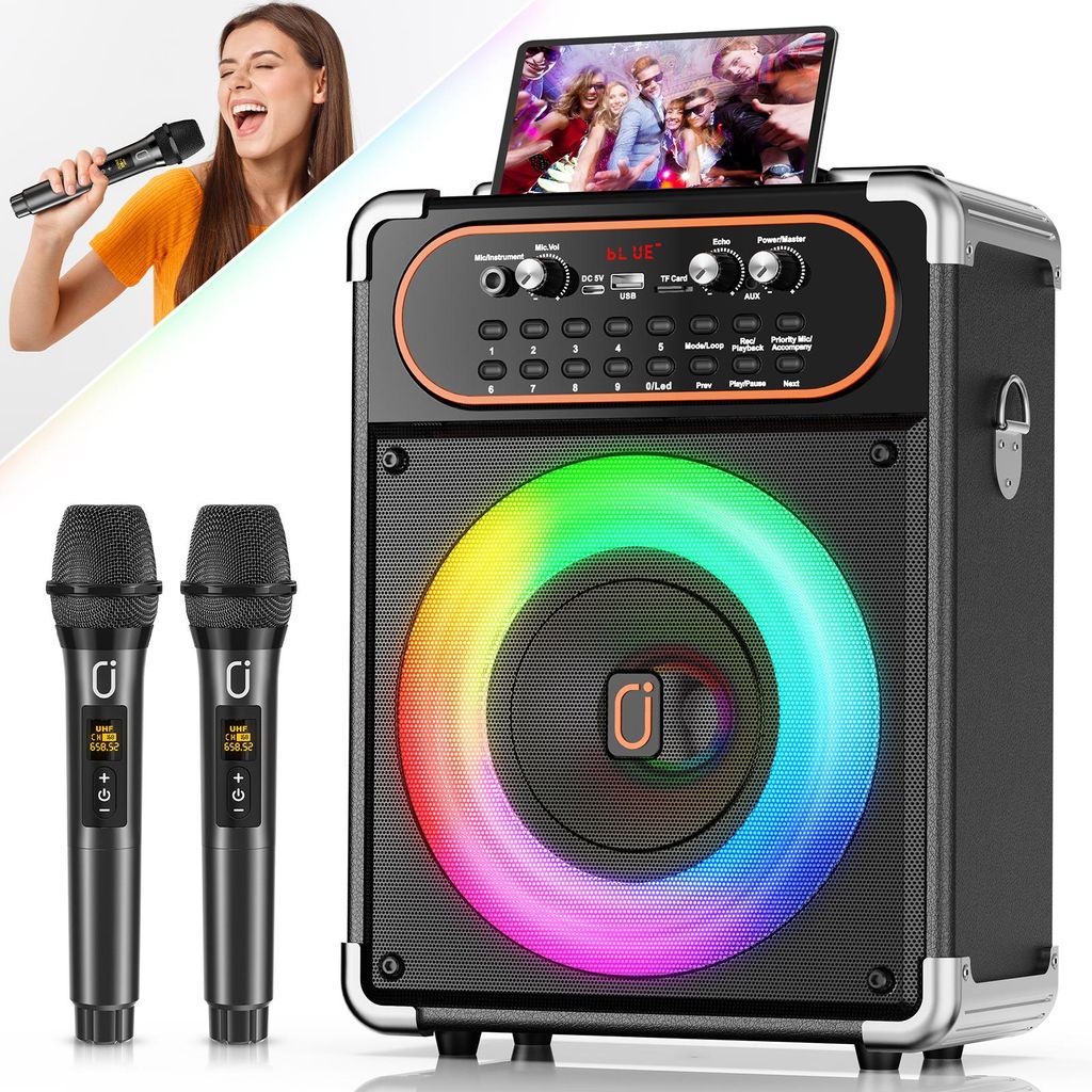 JYX S68 Karaoke Lautsprecher mit 2 kabellosen Mikrofonen, Bluetooth, Disco-Licht, 12h Akku, tragbar für Party & Events