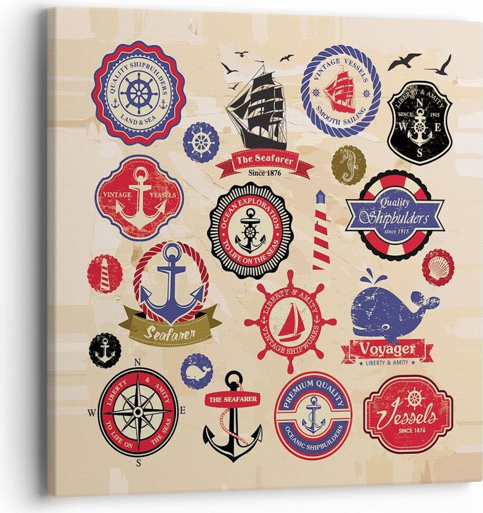 Bild auf Leinwand - Leinwandbild - Anker Fahne Abzeichen Boot - 40x40cm - Wand Bild - Wanddeko - Leinwanddruck - Bilder - Kunstdruck - Wanddekorati...