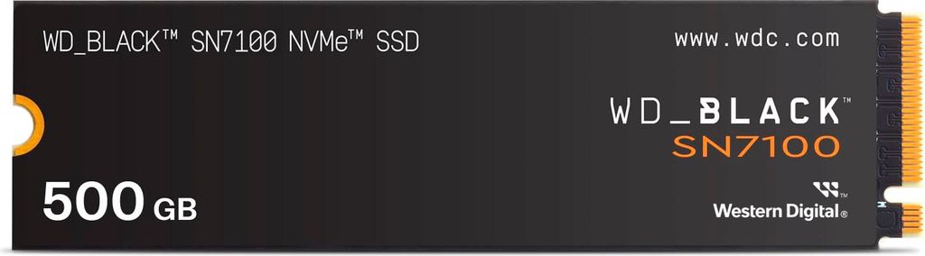 A product shot of a WD_BLACK SN7100 NVMe SSD on a black background.