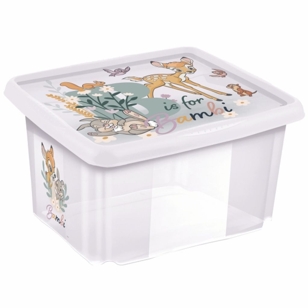 A clear, studio shot of a transparent plastic storage box with a lid featuring Bambi characters and text.