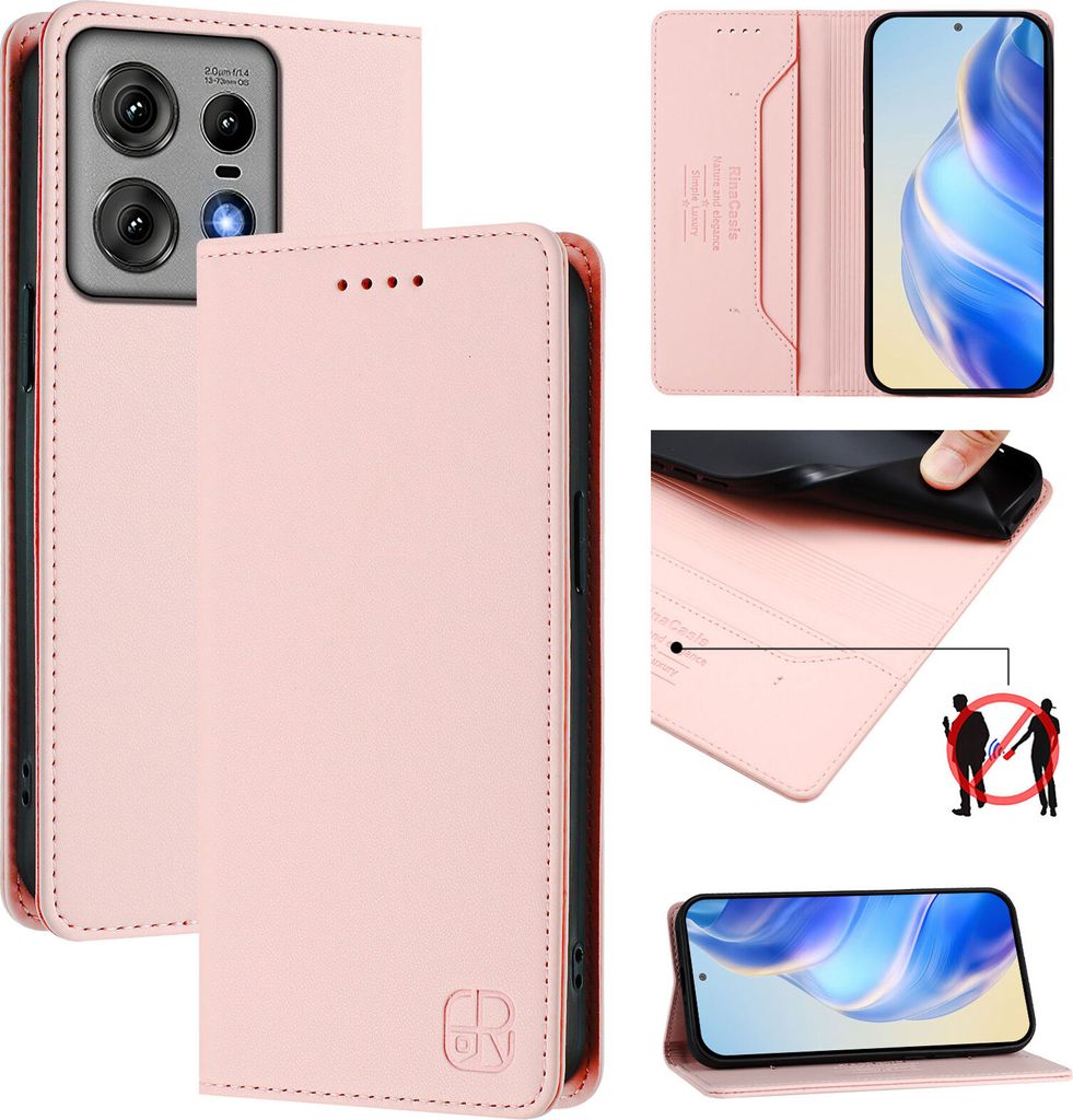 Lederhülle für Motorola Edge 50 Pro Hülle Flip Brieftasche Kartenfächern Ständer Schutzhülle Pink