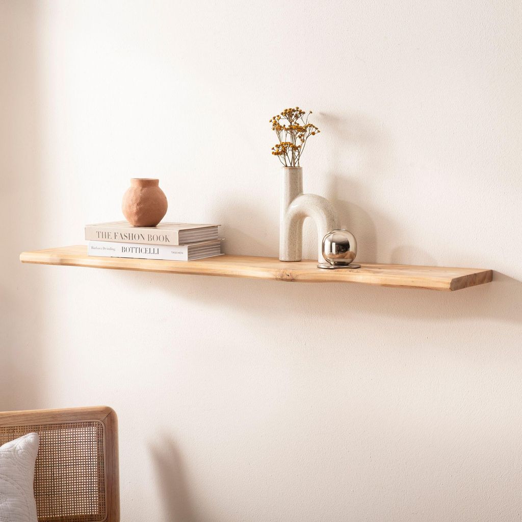 WOHNLING Wandregal Akazie Massivholz 120cm - Schwebendes Design Regal für die Wand Holz massiv - Hängeregal mit Baumkante - Wandboard aus Echtholz